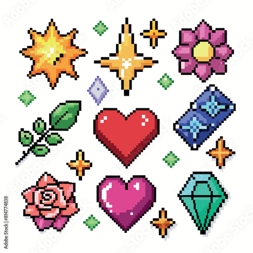A collection of colorful pixelated images  including hearts  flowers  and jewels  create a vibrant and playful atmosphere