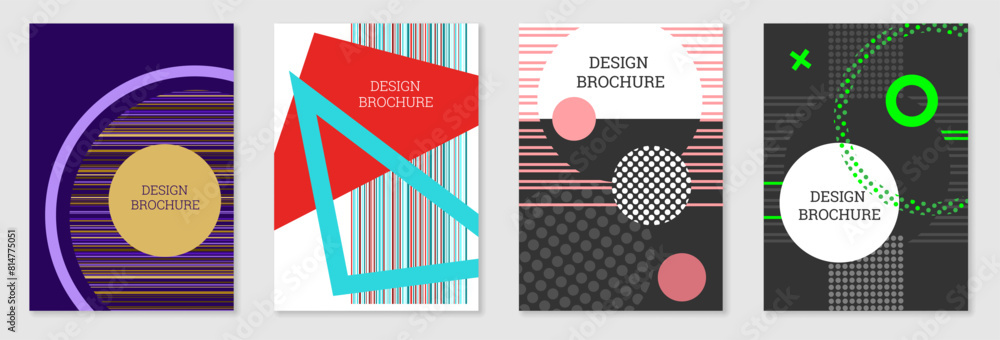Set of cover design in Memphis style. Geometric design, abstract background. Fashionable bright cover, banner, poster, booklet. Creative colors. Set of cover design in Memphis style. Geometric design, abstract background. Fashionable bright cover, banner, poster, booklet. Creative colors.