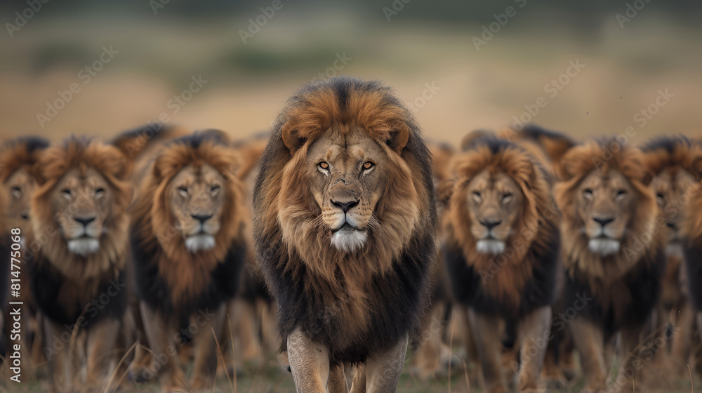 A group of lions running in the field chasing the forest. ai generative A group of lions running in the field chasing the forest. ai generative