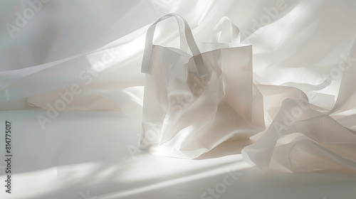 Soft, diffused light gently illuminating the pristine surface of the white paper bag with silk handles, highlighting its sleek contours and subtle textures.