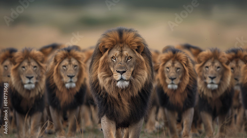 A group of lions running in  the field chasing the forest. ai generative