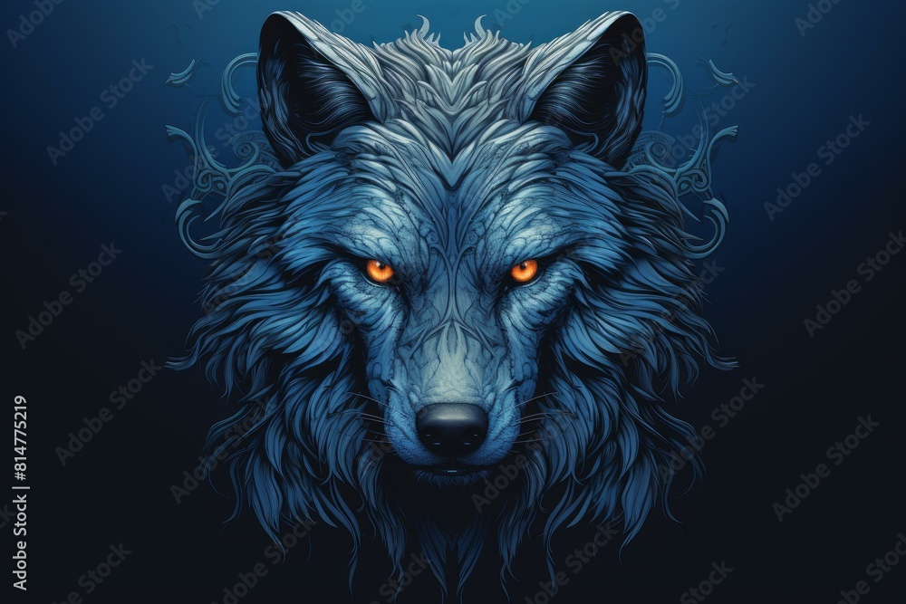 Digital art of a blue wolf with intense orange eyes, exuding mystery and wilderness Digital art of a blue wolf with intense orange eyes, exuding mystery and wilderness