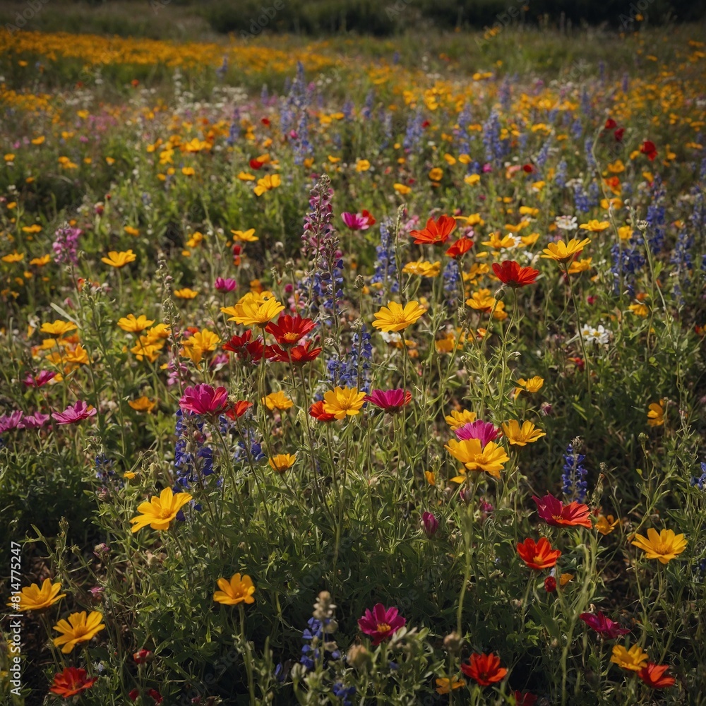A field of colorful wildflowers in full bloom.
