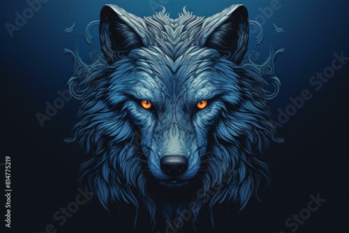 Digital art of a blue wolf with intense orange eyes, exuding mystery and wilderness © juliars