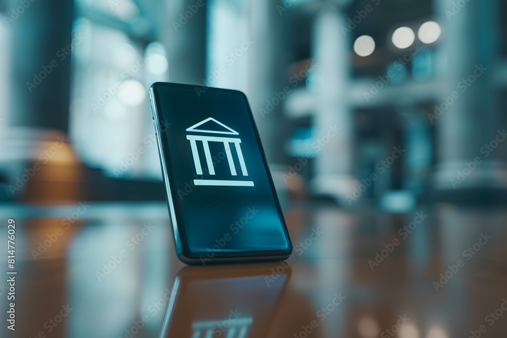 Smartphone screen displaying a bank icon application represents the use of services and online financial transactions, online banking or digital banking Smartphone screen displaying a bank icon application represents the use of services and online financial transactions, online banking or digital banking