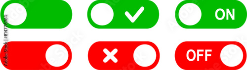 On and Off toggle switch buttons. Switch toggle buttons ON OFF. Material design switch buttons set. Replaceable vector design.