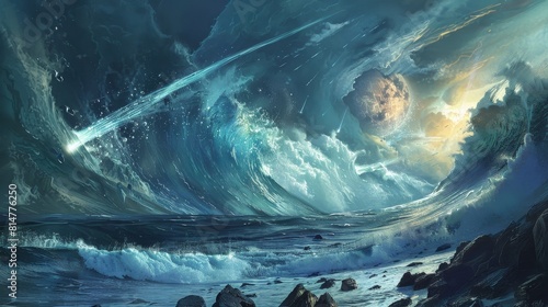 Scientific illustration showing the concept of a meteor causing a massive tsunami, educational focus photo