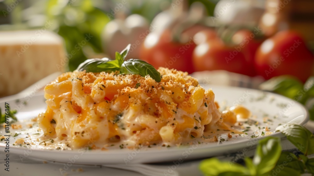 Photo of mac and cheese on a white plate. The food photography shows a closeup shot of delicious Photo of mac and cheese on a white plate. The food photography shows a closeup shot of delicious
