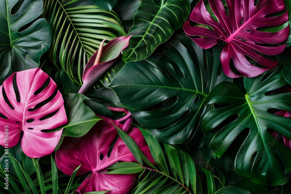 Tropical oasis lush scene with palm trees, colorful flowers, exotic wildlife for summer vibes Tropical oasis lush scene with palm trees, colorful flowers, exotic wildlife for summer vibes