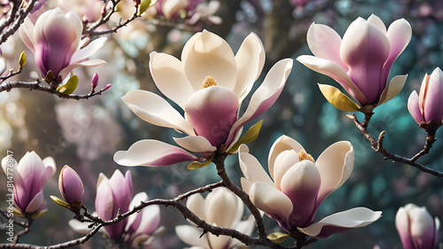 Beautiful pink magnolia flowers on a tree in the outdoor 