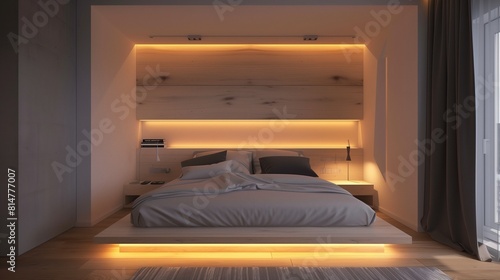A minimalist bedroom with a custom-designed headboard with built-in ambient lights