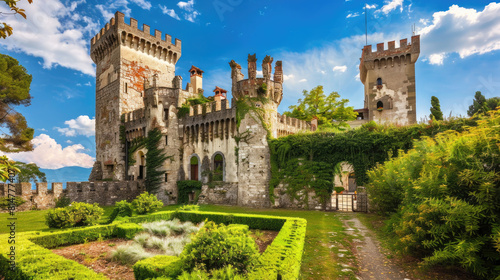 Old castle with strong towers flower garen, scenery of rich medieval house on sky background. Concept of nature, Italy, green plants, travel, country