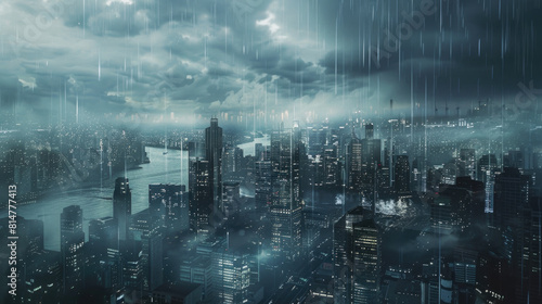 Hurricane and storm in city at night, dramatic aerial view of modern buildings in rain. Concept of background; typhoon, thunderstorm, skyscraper, skyline