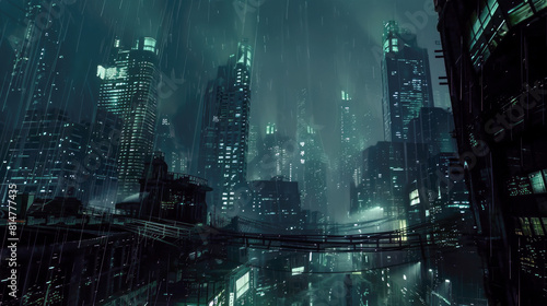 Storm in cyberpunk city at night  dramatic aerial view of modern buildings in rain. Concept of dystopia  future  skyscraper  background.
