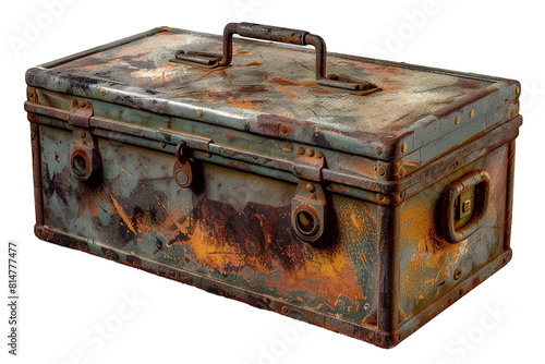 A dented metal toolbox with a hinged lid. Blank and weathered. Isolated on transparent background, png file.