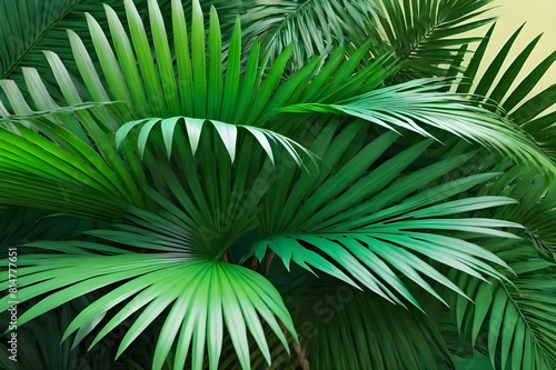 Abstract natural green backdrop with dark green palm tree leaves. Tropical palm leaf and shadow.  