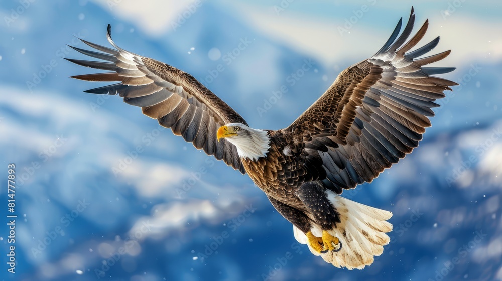 Obraz premium Sharp detail capture of an eagle soaring with vast skies behind.