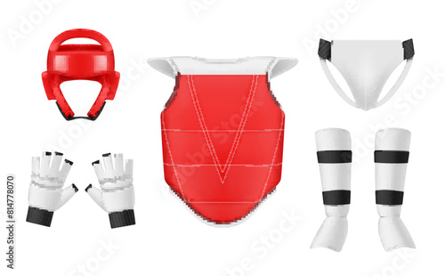 Taekwondo training outfit protective sport equipment set realistic vector illustration