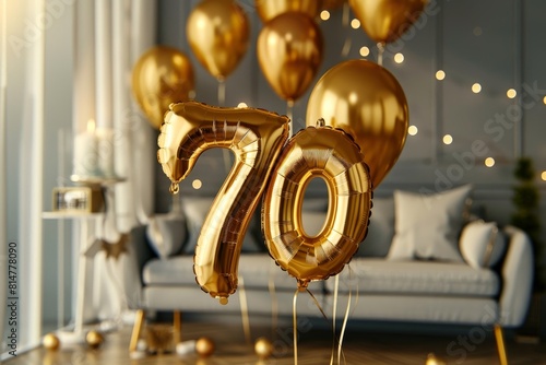 the number 70 made by baloons to celebrate a hundread years of birthday, party atmosphere background, bright and bold photo