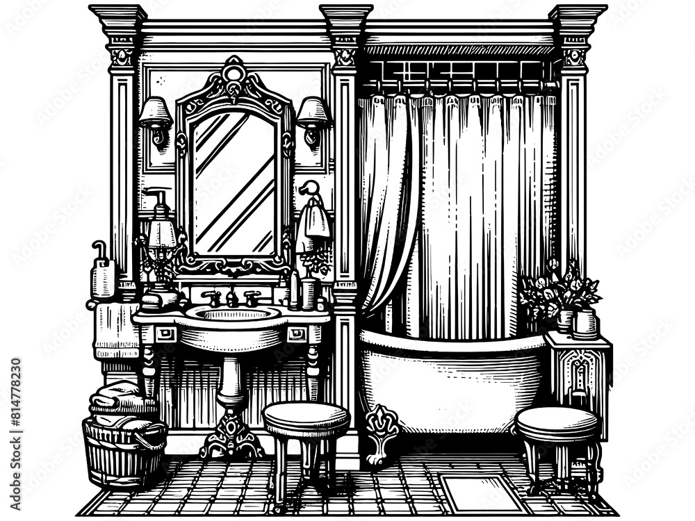 Fototapeta premium Bathroom design. Hand drawing vintage style black and white clip art. Raster, generative ai.