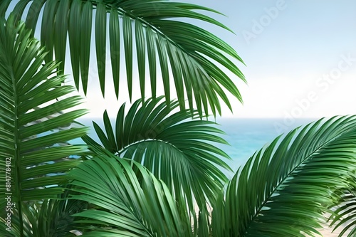 Abstract natural green backdrop with dark green palm tree leaves. Tropical palm leaf and shadow.  