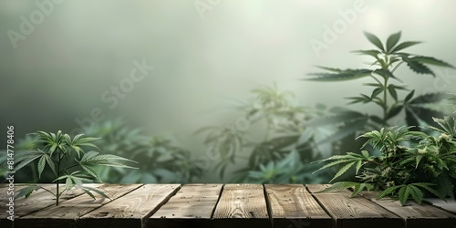 Wooden table with empty space against cannabis field for product display. Concept Product Display  Wooden Table  Empty Space  Cannabis Field  Photography