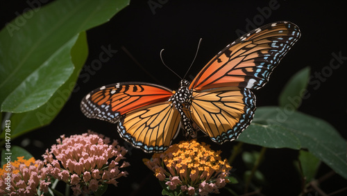 A monarch butterfly with open wings is perched on a flower. The butterfly is mostly orange with black veins and white spots on its wings. The flower is pink and yellow. The background is blurry and da © Muhammad