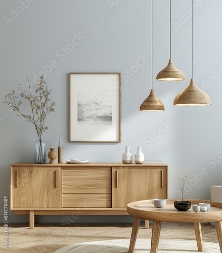 Interior design,Inviting Light Blue Dining Room with Modern Wooden Furniture and Soft Pendant Lighting 3d rendering