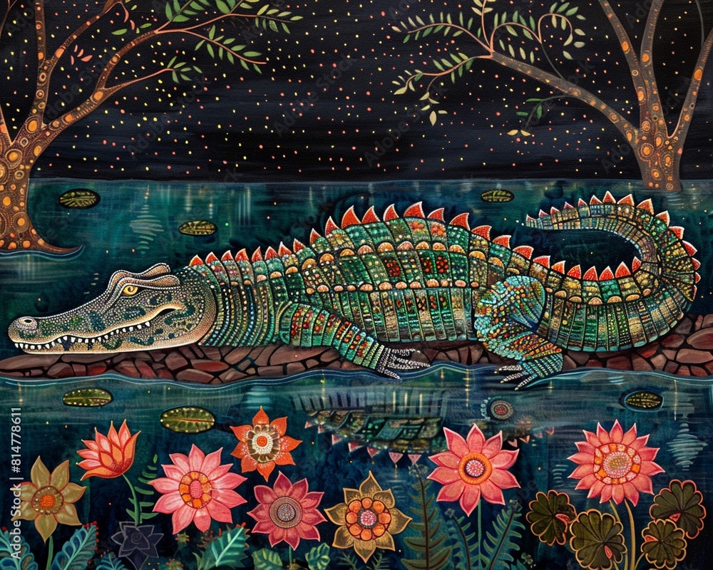 Obraz premium Majestic and graceful concept, a crocodile in a lake at night, depicted in Traditional Madhubani Bharni style painting