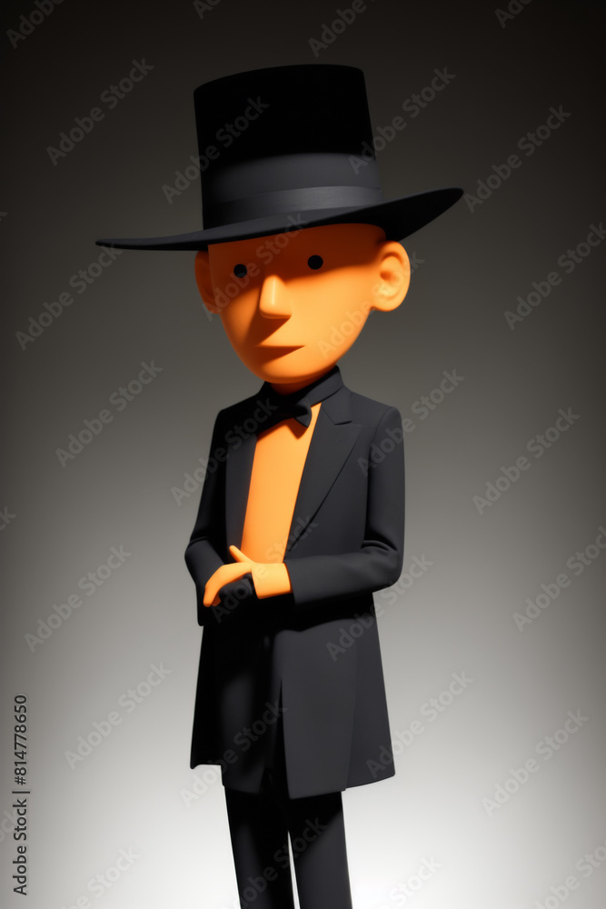 Stylish animated figure in black suit and orange tie