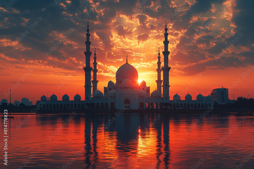 View of Islamic mosque silhouette against a sunset sky.