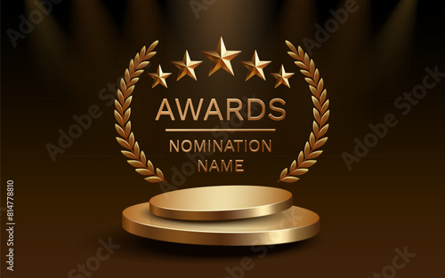 Awards nomination name podium, golden prize event, scene star ceremony. Vector illustration