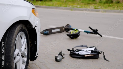 Following accident between automobile and e-scooter damaged scooter lying down asphalt aftermath of automobile incident. Automobile accident electric scooter lies e-scooter repercussions collision.