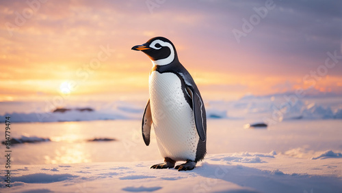 A penguin standing on ice with a snowy mountain in the background.