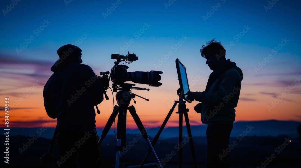 Teamwork in Action: Create an image of two silhouettes working together - one adjusting the camera on a tripod and the other holding a reflector or light stand. Generative AI