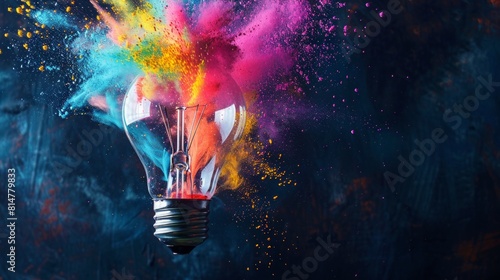 A light bulb exploding in a burst of colorful powders, a dynamic image powered by AI Generative.