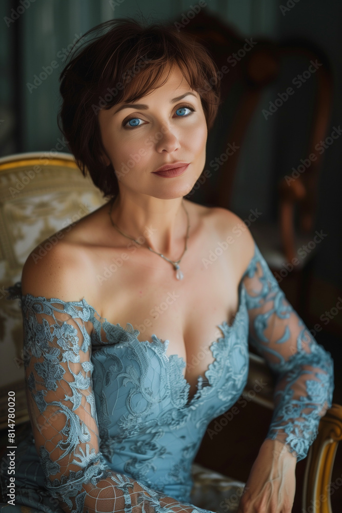 The essence of natural beauty and confidence, a middle-aged woman with short dark hair, elegantly adorned in an azure lace dress, exudes grace and self-assurance as she gazes directly at the camera.