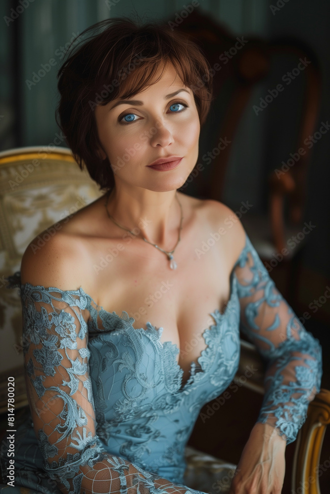 Naklejka premium The essence of natural beauty and confidence, a middle-aged woman with short dark hair, elegantly adorned in an azure lace dress, exudes grace and self-assurance as she gazes directly at the camera.