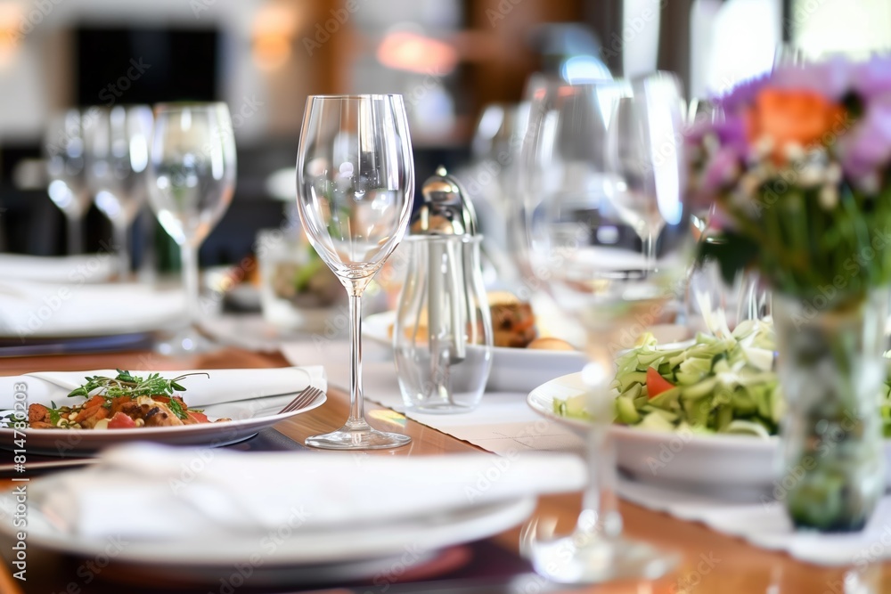 Conference Wedding Lunch Dinner Event Formal Table Setting Wine Glasses Centerpiece Conference Wedding Lunch Dinner Event Formal Table Setting Wine Glasses Centerpiece