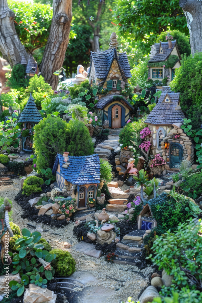 Fototapeta premium An enchanting fairy garden adorned with whimsical miniature houses, winding pathways, and lush greenery, inhabited by tiny figurines.