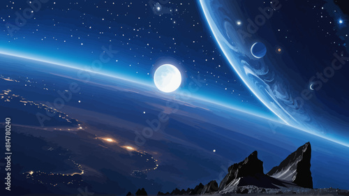 an artist s rendering of a planet with mountains and stars