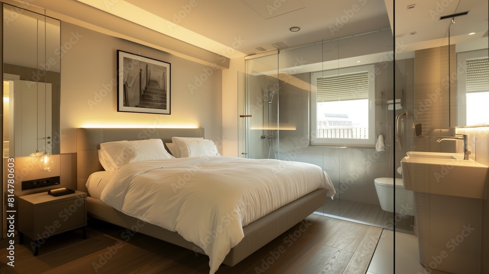 Fototapeta premium A modern bedroom with a glass partition separating the bed from the bathroom