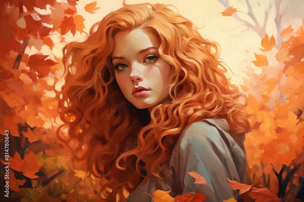 Digital painting of a woman with red curls against a backdrop of autumn leaves