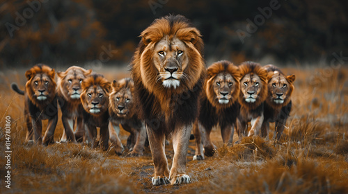A group of lions running in  the field chasing the forest. ai generative