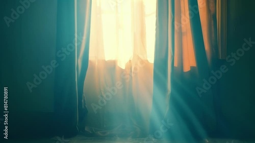 The window is covered with heavy dark curtains blocking out the harsh desert sun and adding to the mysterious aura of the room. 2d flat cartoon. photo