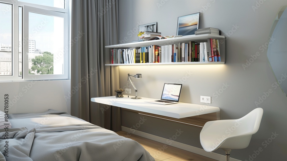 Fototapeta premium A modern bedroom with a minimalist, wall-mounted desk and a designer bookshelf
