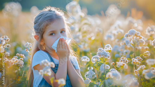 A little girl sneezes into a paper napkin, standing next to blooming weeds. He has a seasonal pollen allergy that causes sneezing, itchy nose and watery eyes.