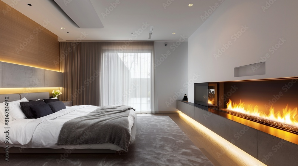 A modern bedroom with a sleek, built-in fireplace and a minimalist, wall-mounted mantel A modern bedroom with a sleek, built-in fireplace and a minimalist, wall-mounted mantel