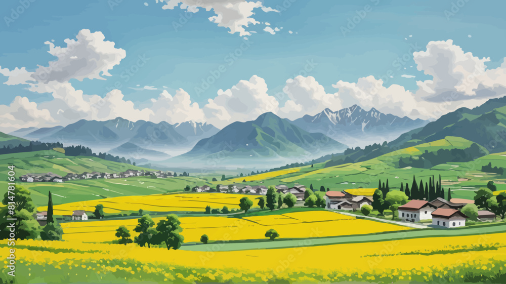 a painting of a rural landscape with mountains in the background