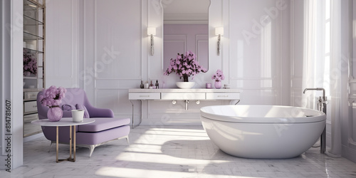 Glossy white tiles complemented by a soft lavender carpet  creating a serene and elegant space. 